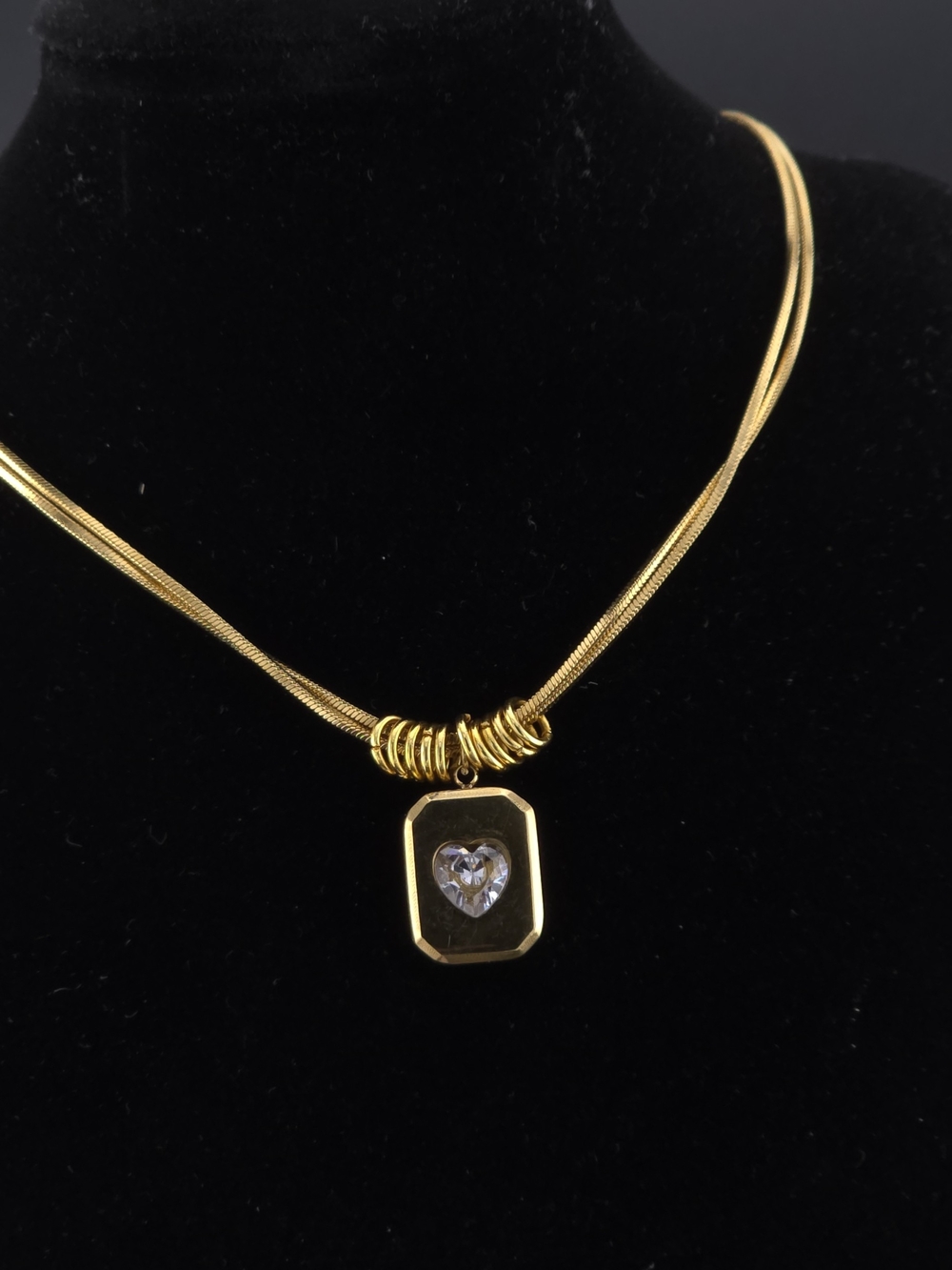 Gold Tone Heart Pendant Double Snake Chain Long Necklace